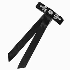 Rhinestone Studded Long Tail Satin Hair Bow Clip - Black,