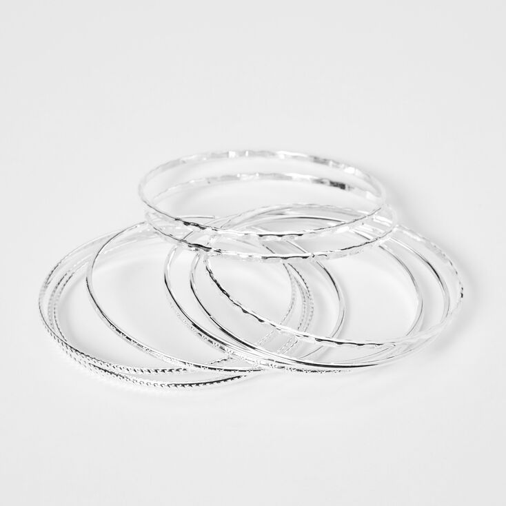 Silver Textured Bangle Bracelets - 8 Pack,