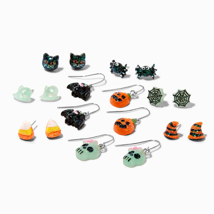 Halloween Glow In The Dark Assorted Earrings with Pumpkins, Cats, Candy Corn &amp; More - 9 Pack,