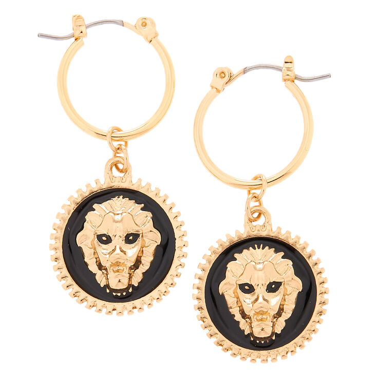 Gold 10MM Lion Charm Hoop Earrings,