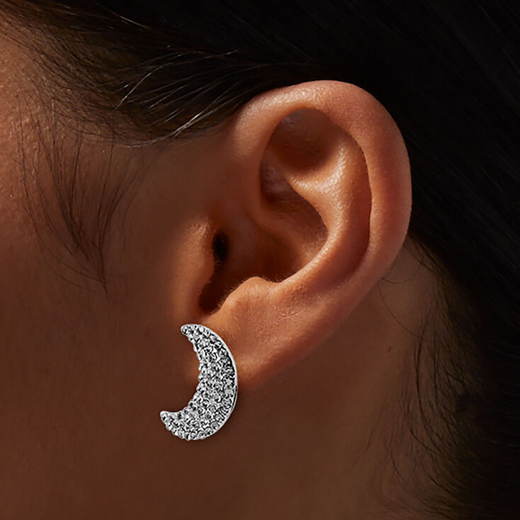 Silver-tone Pav&eacute; Crystal Crescent Moon Stud Earrings,