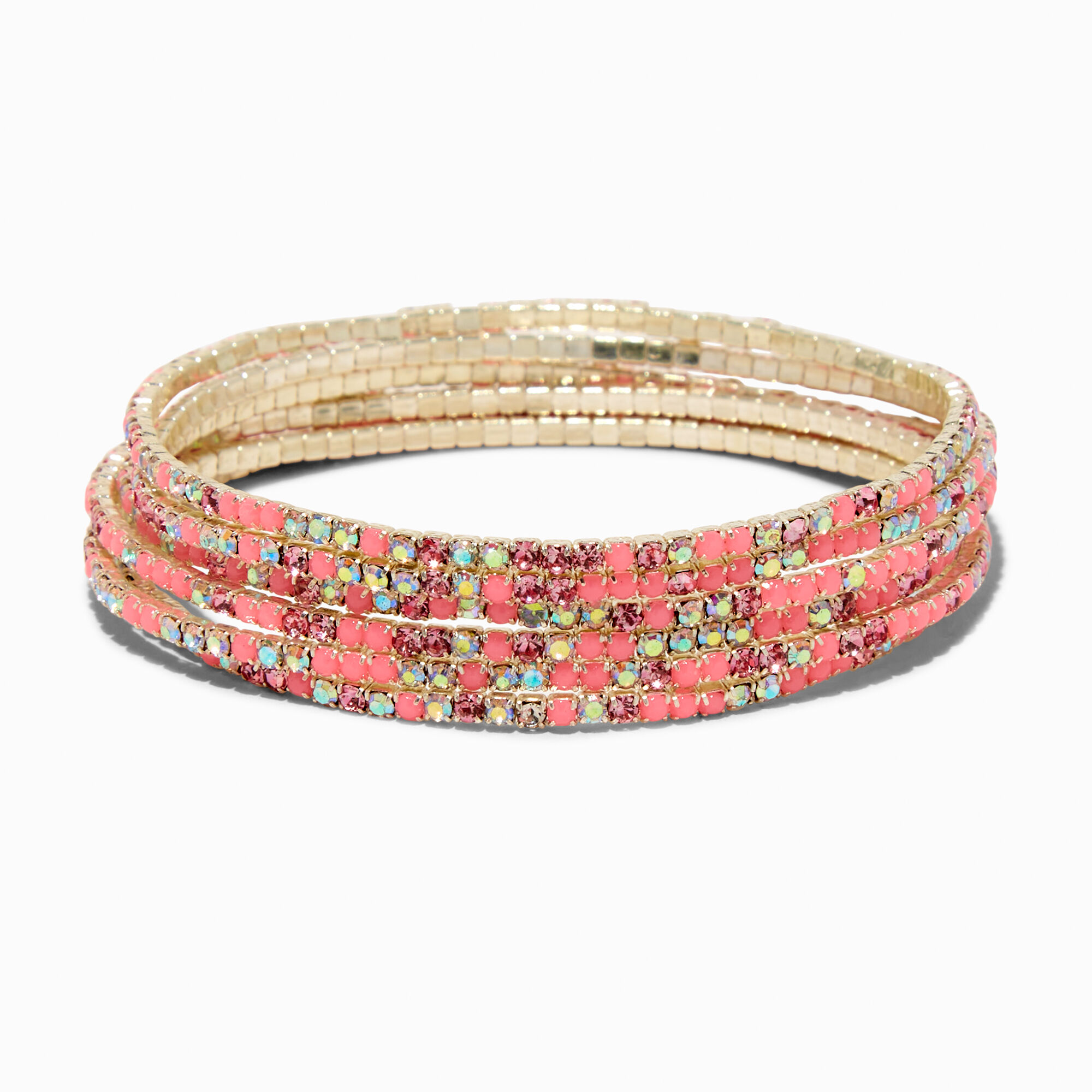 Pink Iridescent Rhinestone Stretch Bracelets - 6 Pack,