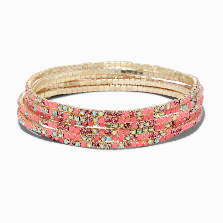 Pink Iridescent Rhinestone Stretch Bracelets - 6 Pack,