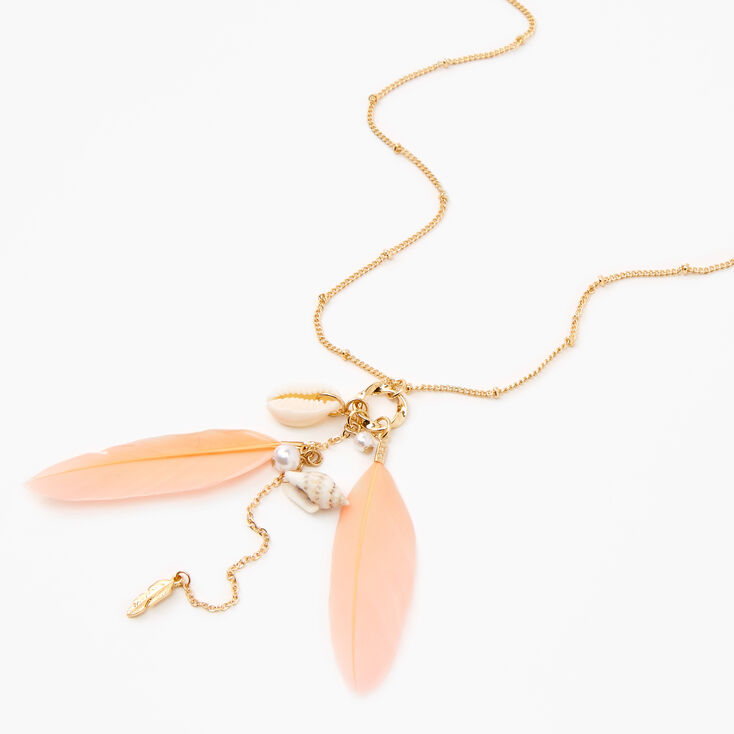 Shells &amp; Feathers Long Pendant Cluster Necklace - Gold,