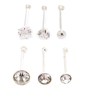 22G Sterling Silver Crystal Mixed Nose Studs - 6 Pack,