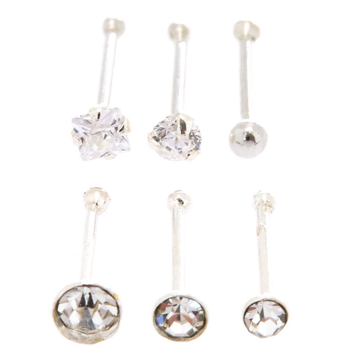 22G Sterling Silver Crystal Mixed Nose Studs - 6 Pack,