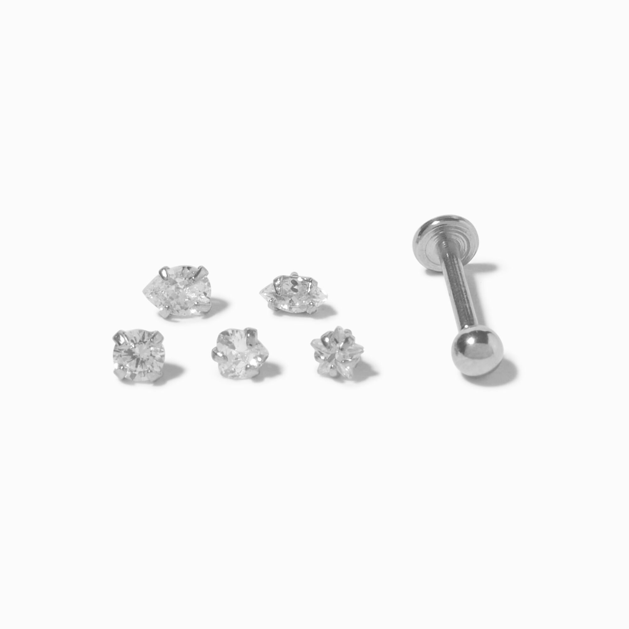 View Claires Tone Multi Cubic Zirconia Changeable 16G Tragus Flat Back Earrings 6 Pack Silver information