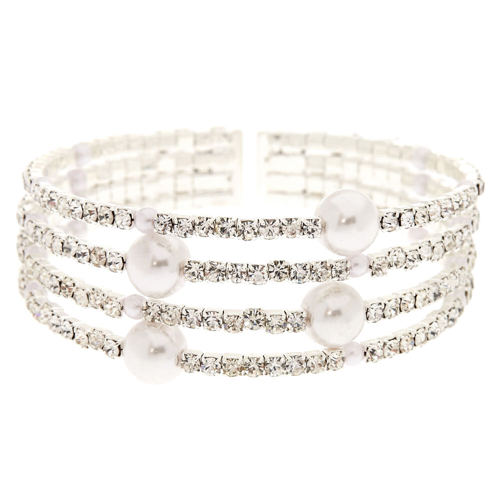 Silver-Tone Faux Pearl And Crystal Bracelet Cuff,