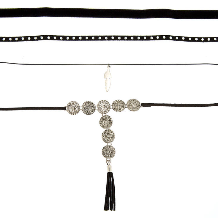 Silver Medallion Choker Necklaces - Black, 4 Pack,