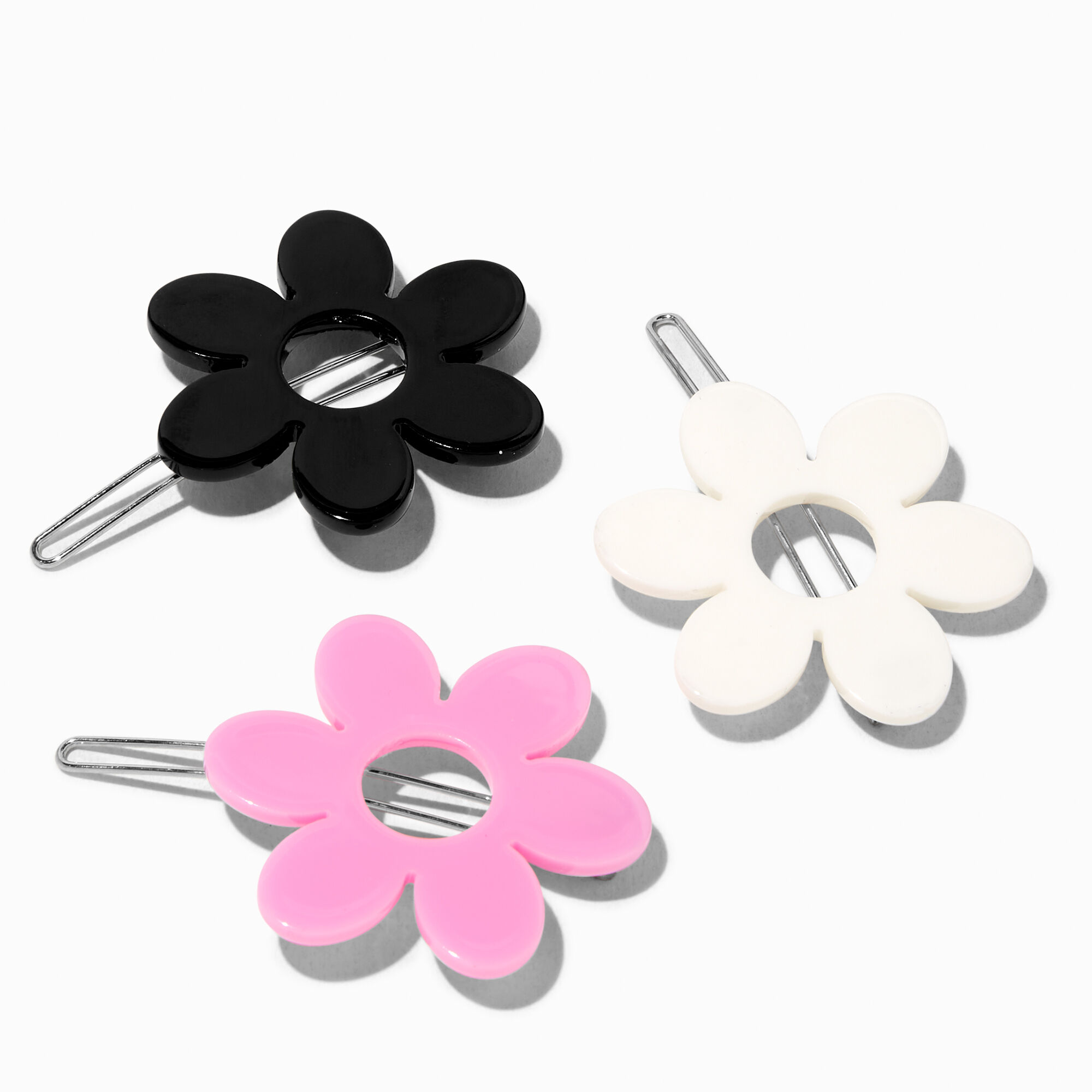 View Claires Retro Daisy Cutout Hair Barrettes 3 Pack Silver information