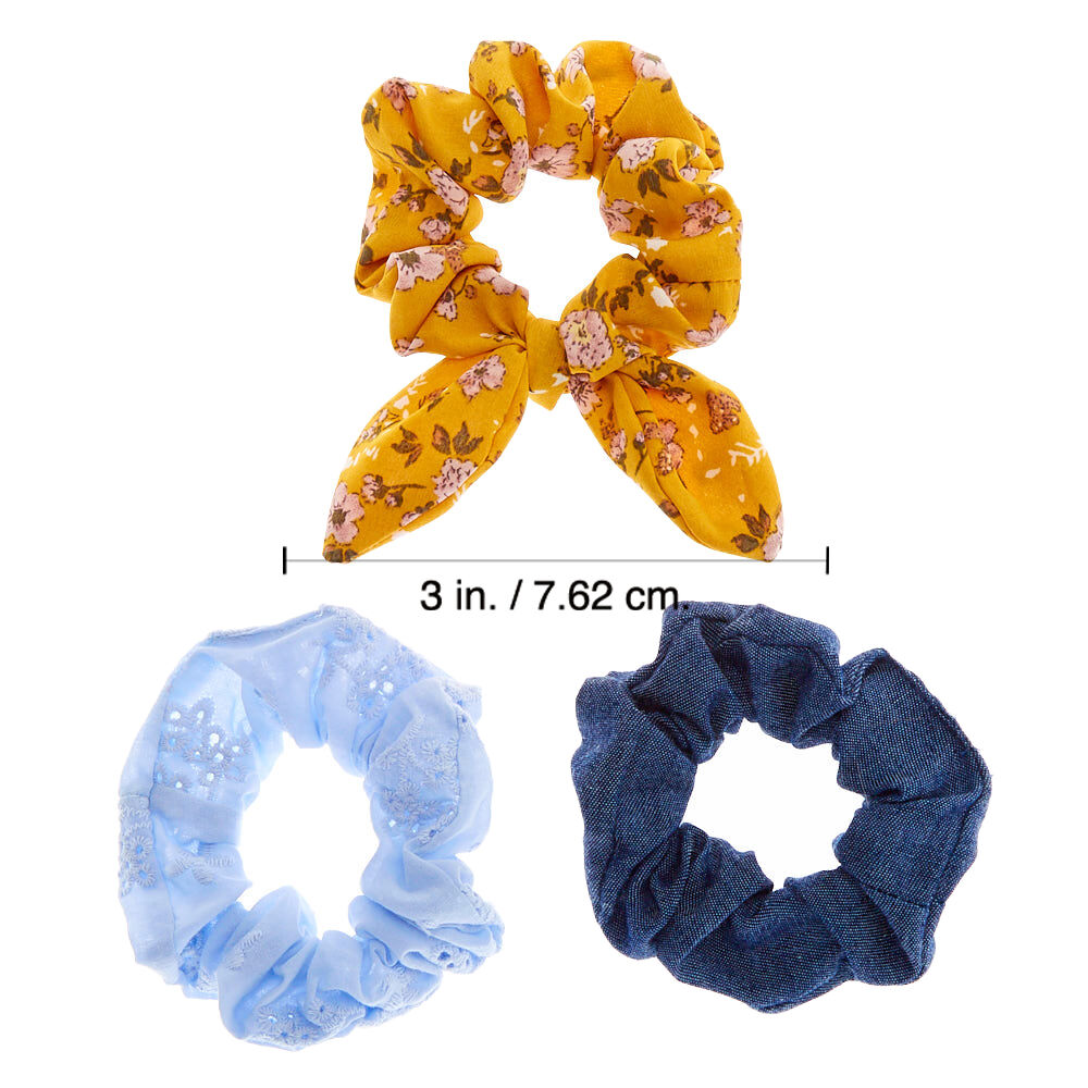 Small Denim Floral Eyelet Hair Scrunchies - Mustard, 3 Pack,