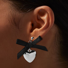 Black Bow &amp; Silver-tone Heart Clip-On Earrings ,