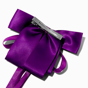 Jewel Tone Purple Long Ribbon Bow Barrette Hair Clip,