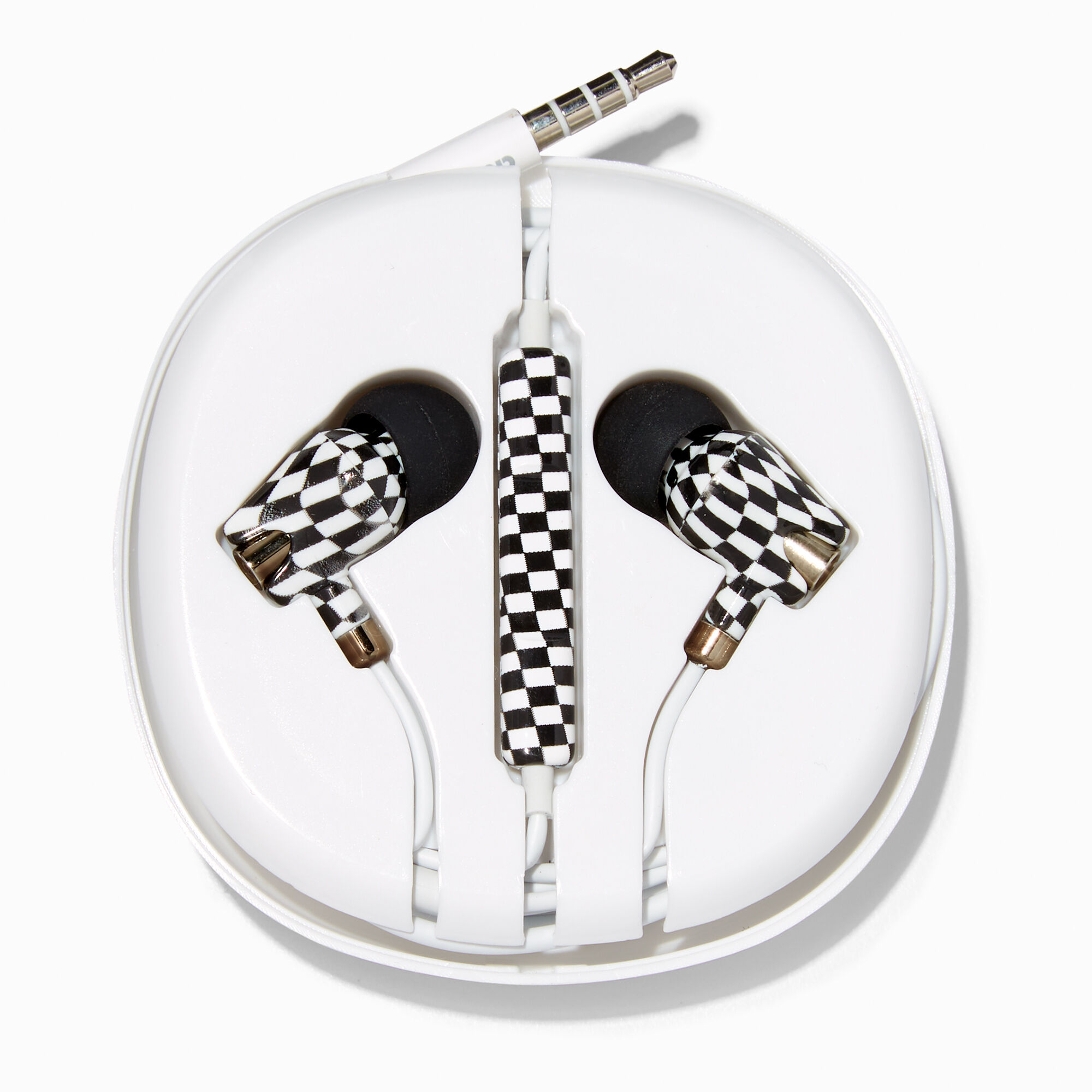 View Claires Black Checkerboard Silicone Earbuds White information