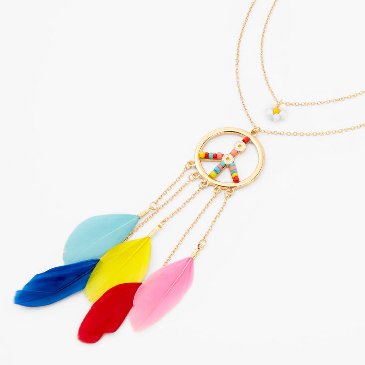Peace Daisy Feathers Multi Strand Chain Necklace,