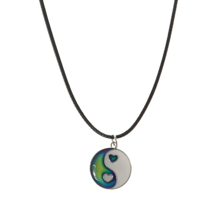 Silver Heart Yin Yang Mood Pendant Necklace - Black,