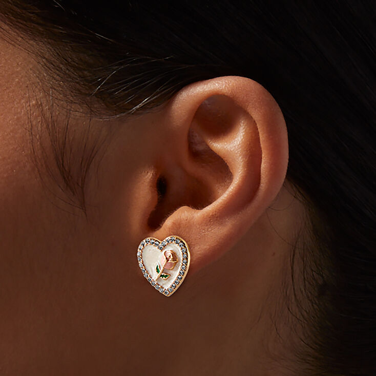 Clous d&#39;oreilles couleur dor&eacute; rose et c&oelig;ur &eacute;maill&eacute;,