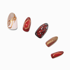 Brown &amp; Gold Embellished Stiletto Vegan Faux Nail Set - 24 Pack,