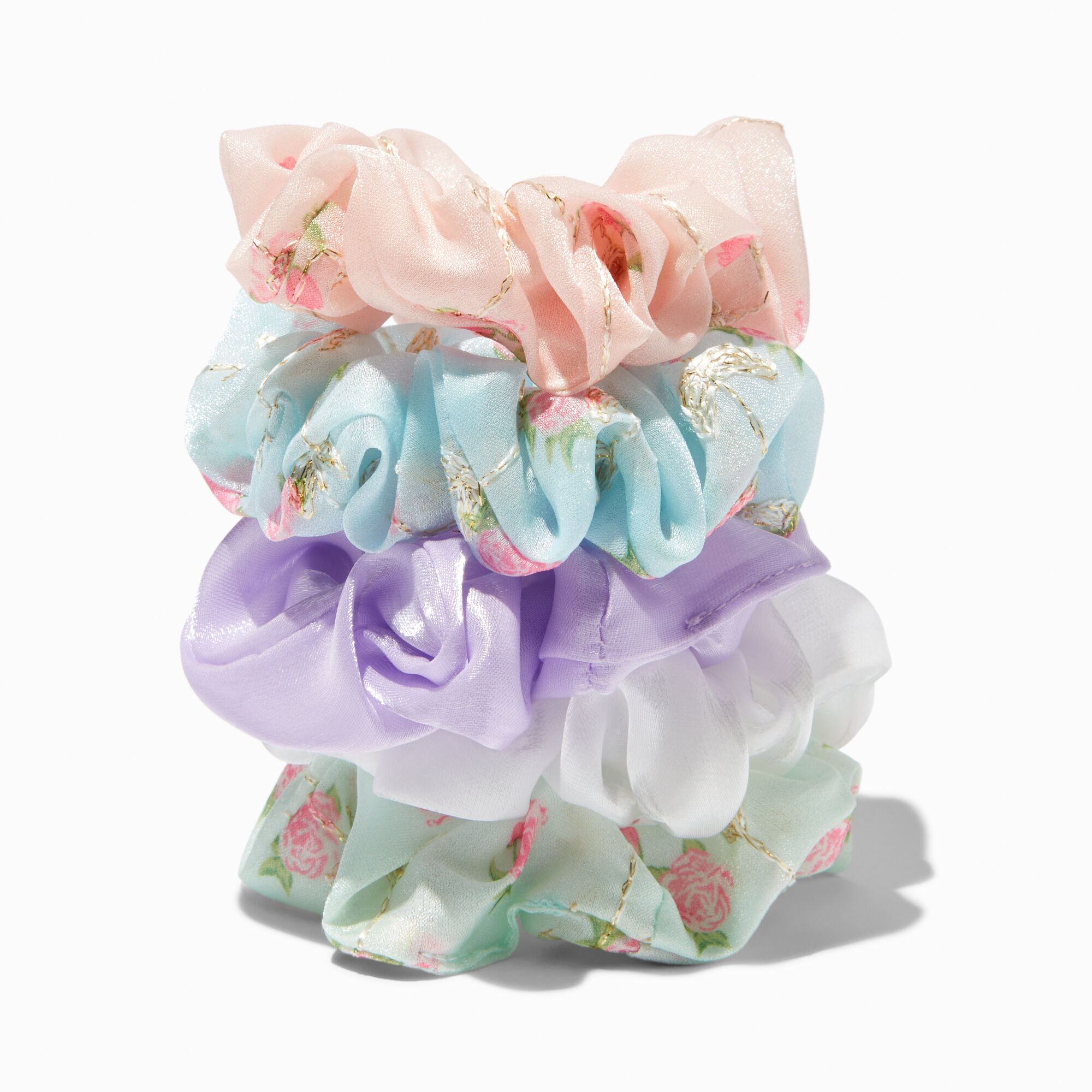 View Claires Rose Print Solid Sheer Pastel Hair Scrunchies 5 Pack Bracelet White information