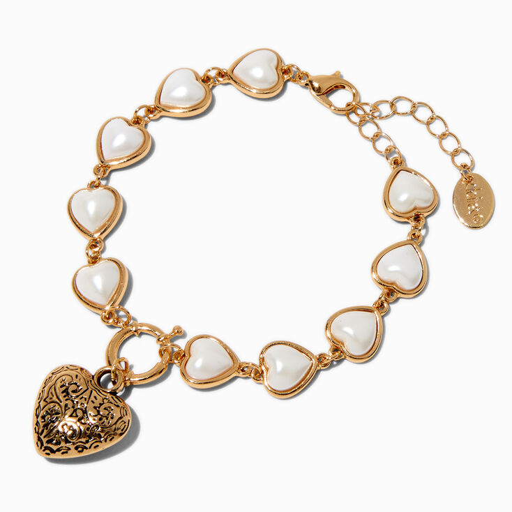 Gold-tone Pearl Heart Chain Bracelet ,