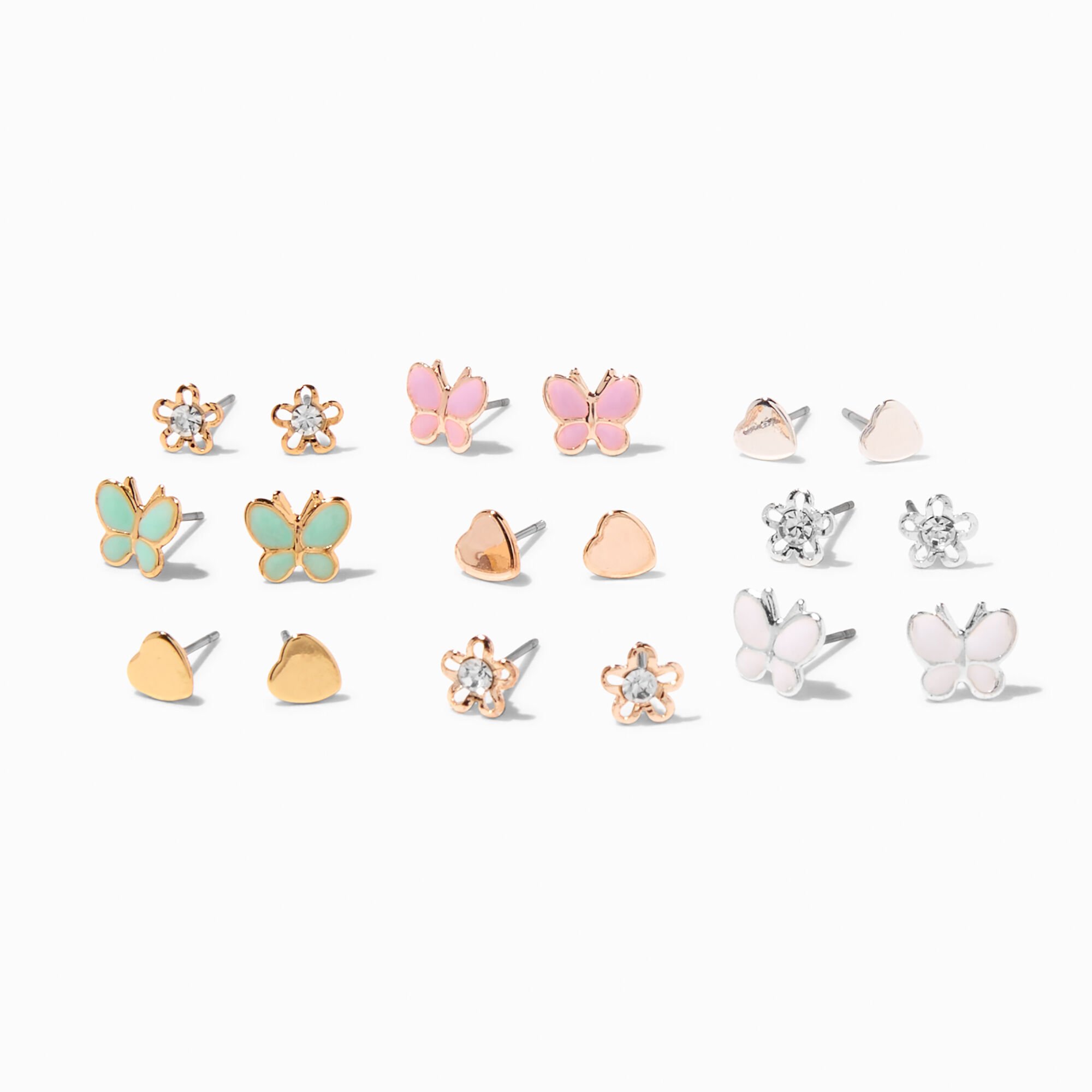 Mixed Metal Butterfly & Flower Stud Earrings - 9 Pack,