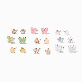 Mixed Metal Butterfly &amp; Flower Stud Earrings - 9 Pack,