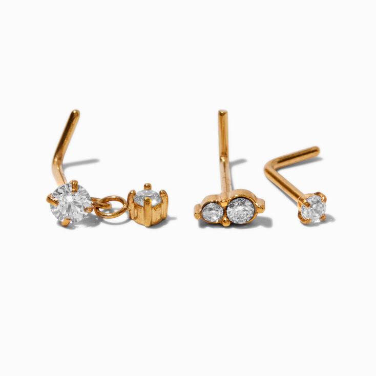 20G Gold-tone Stainless Steel Cubic Zirconia Dangle Nose Studs - 3 Pack,