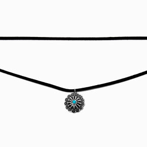 Turquoise Coin Black Cord Cowgirl Multi-Strand Necklace,