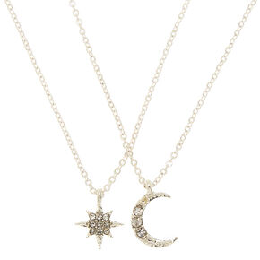 Silver-tone Celestial Moon &amp; Starburst Pendant Necklaces - 2 Pack,