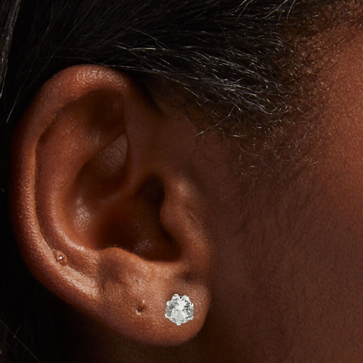 Silver-tone Cubic Zirconia 6mm Round Stud Earrings,