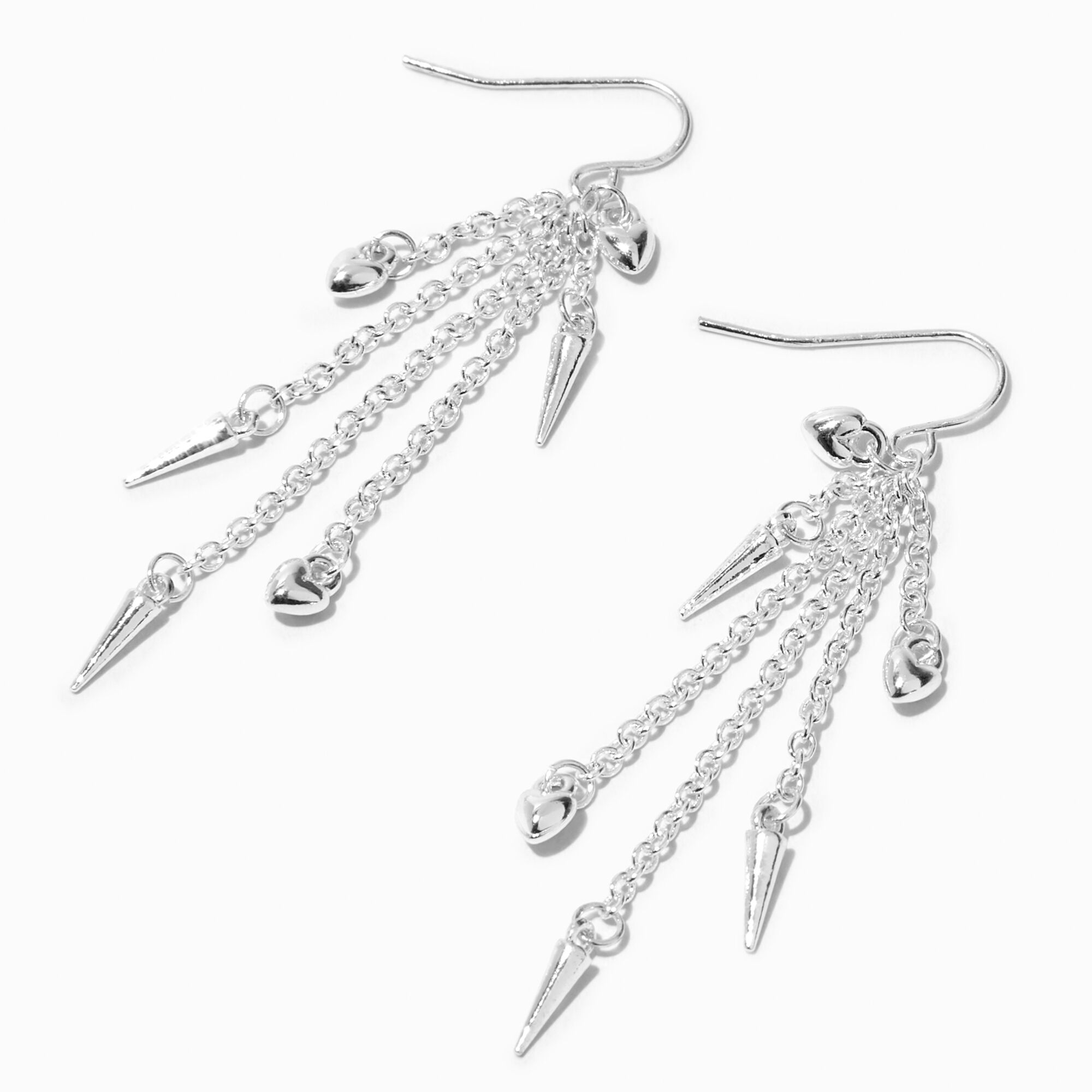 Silver tone Spike Heart Fringe 2 Drop Earrings