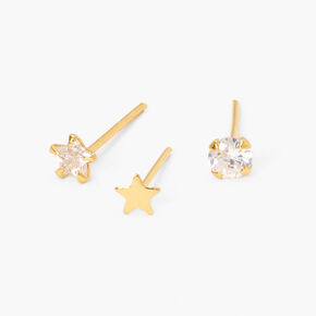Gold Sterling Silver 22G Crystal Star Nose Studs - 3 Pack,