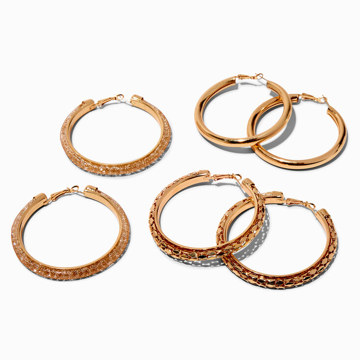 Gold-tone Rhinestone 60MM Hoop Earrings - 3 Pack