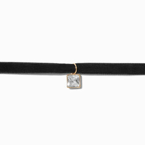 Gold-tone Square Stone Black Ribbon Pendant Choker Necklace,