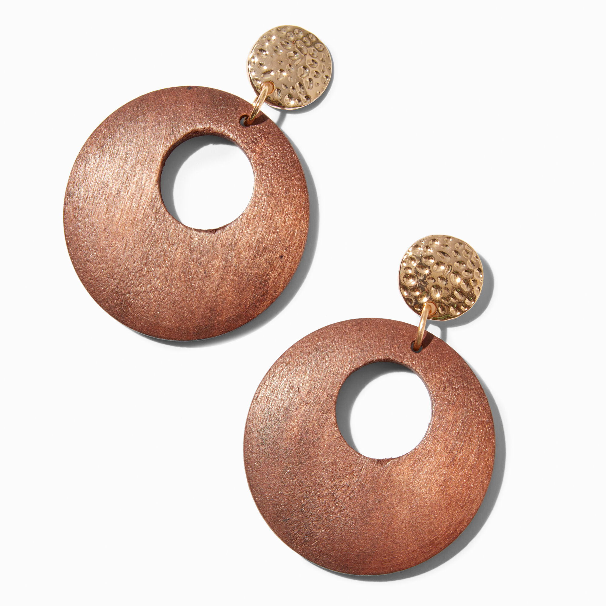 View Claires Tone Wooden Disc 3 Drop Earrings Gold information