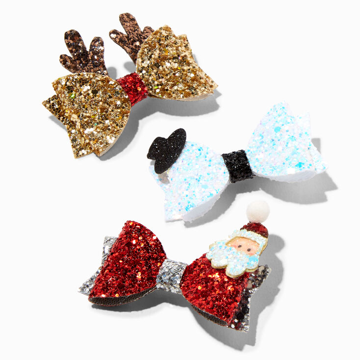Santa, Snowman, &amp; Reindeer Glitter Hair Clips - 3 Pack,