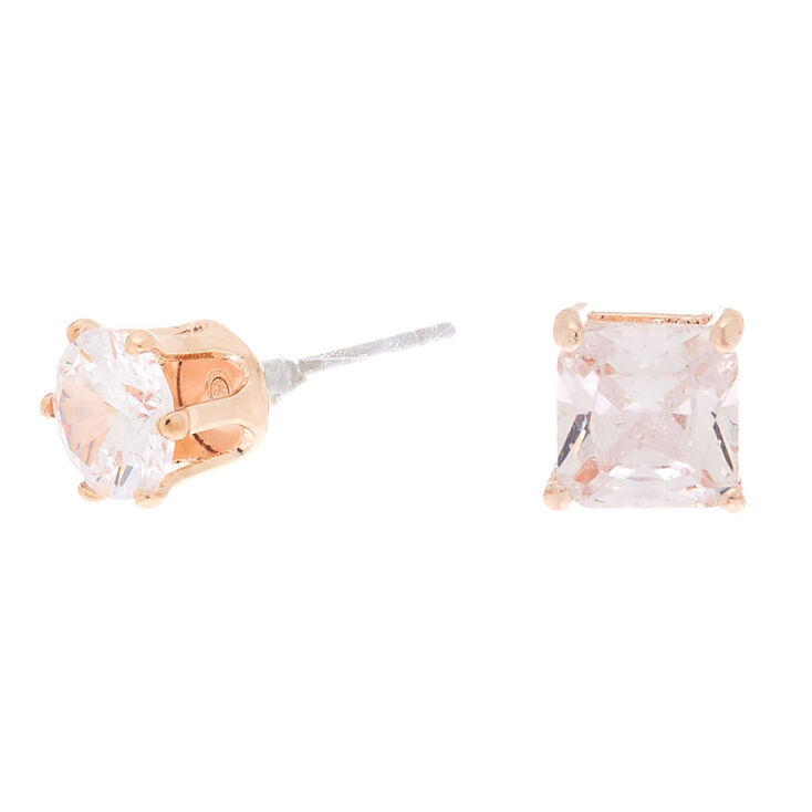 Rose Gold Cubic Zirconia Round Stud Earrings - 6MM,