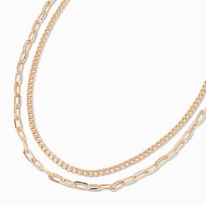 Gold-tone Curb &amp; Paperclip Chain Multi-Strand Necklace,