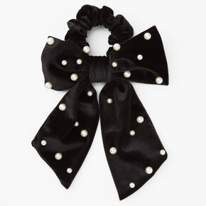 Pearl Studded Bow Hair Scrunchie - Black,