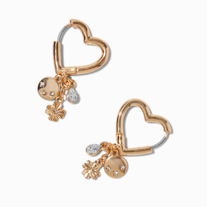 Gold-tone Heart-Shaped Clover Charm Hoop Earrings,