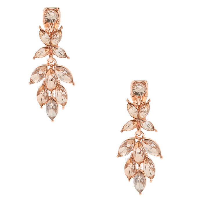 Rose Gold 2&quot; Crystal Petal Clip On Drop Earrings,