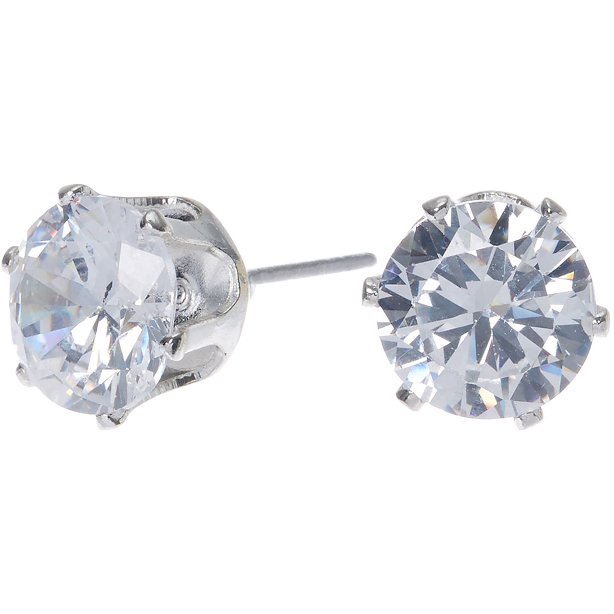 Silver Cubic Zirconia Round Stud Earrings - 8MM