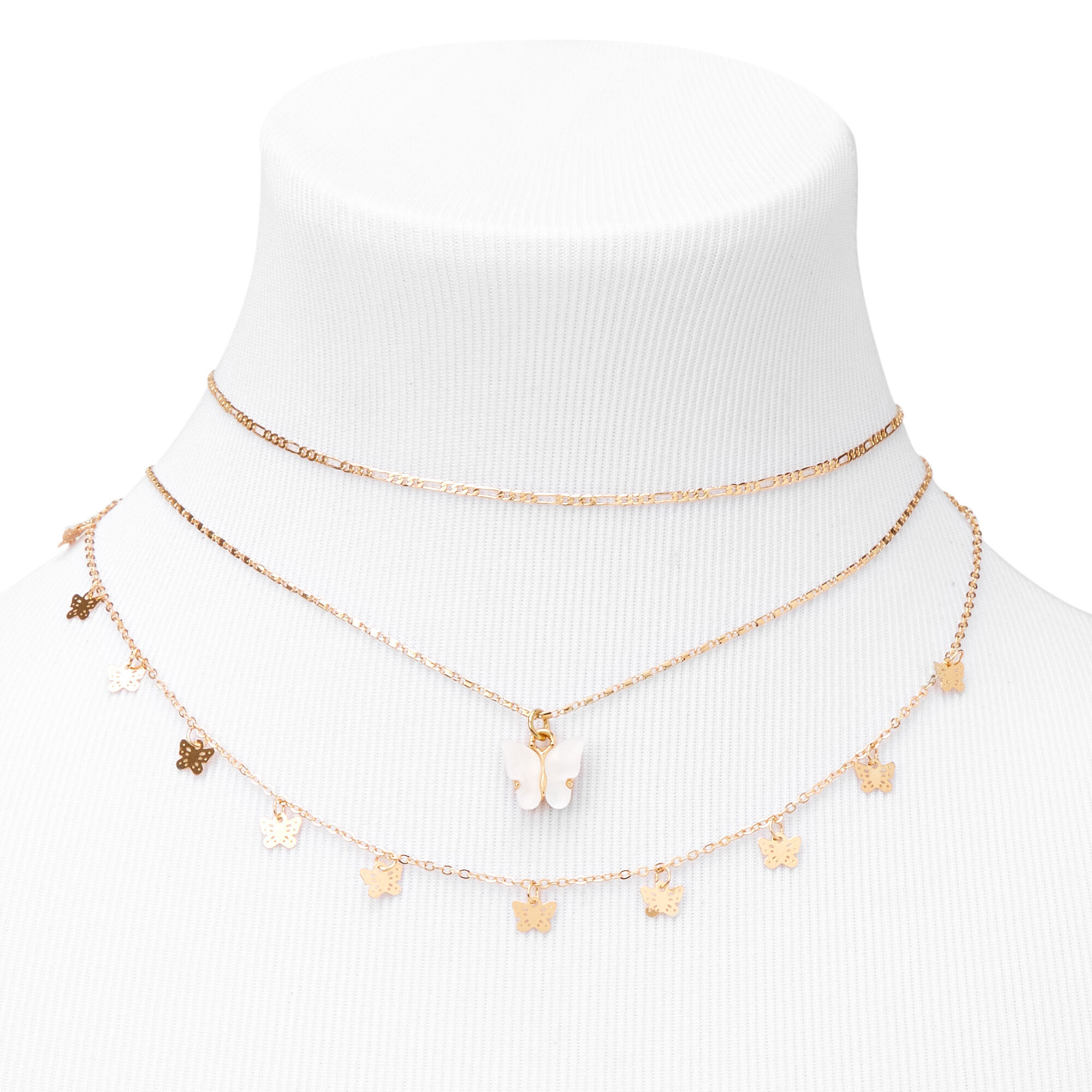 Gold Resin Butterfly Multi Strand Choker Necklaces White 2 Pack