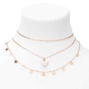 White Resin Butterfly Gold-tone Multi-Strand Choker Necklaces - 2 Pack,
