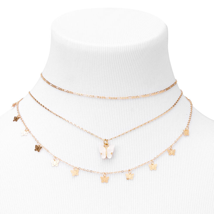 White Resin Butterfly Gold-tone Multi-Strand Choker Necklaces - 2 Pack,