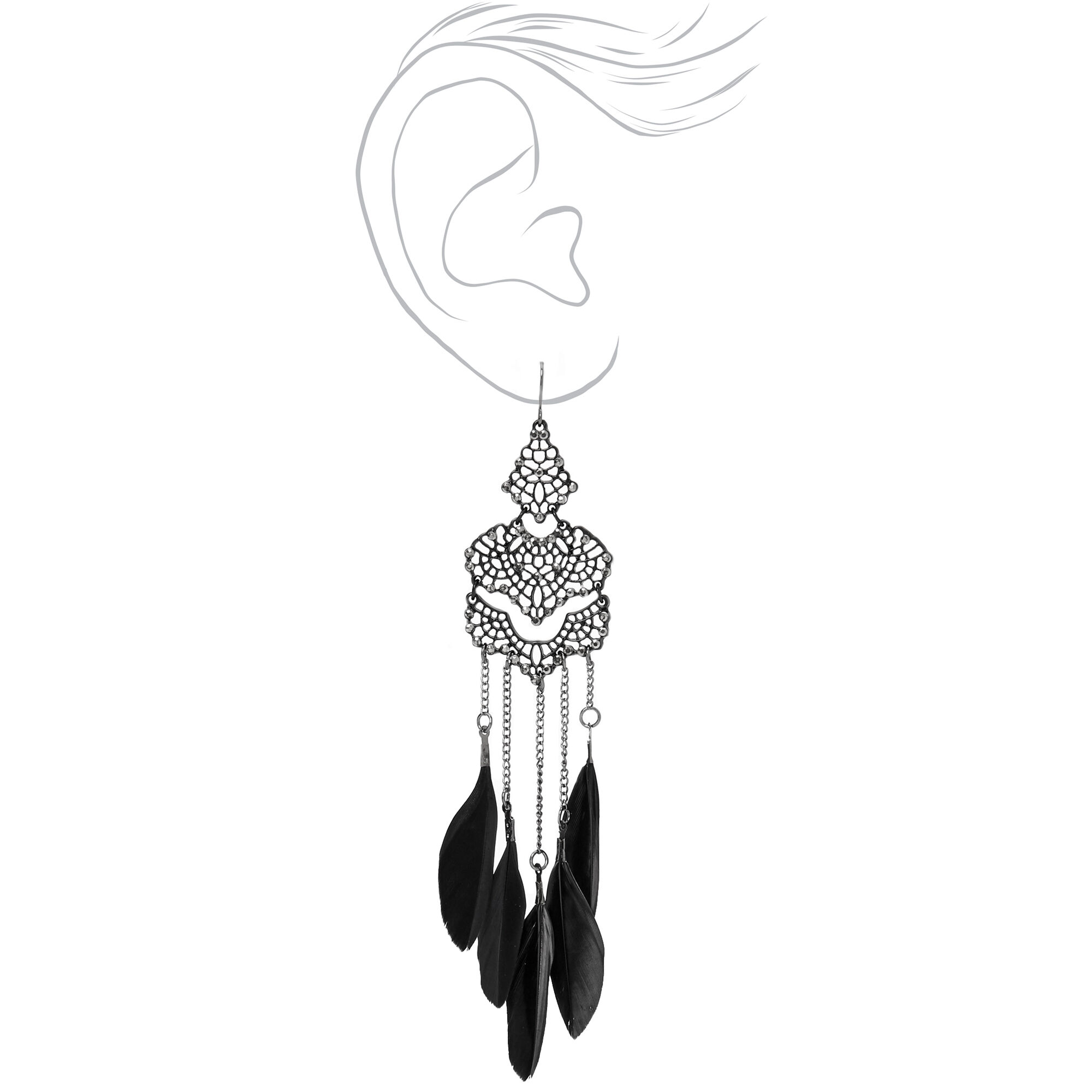 Black 5" Crystal Filigree Feather Drop Earrings,