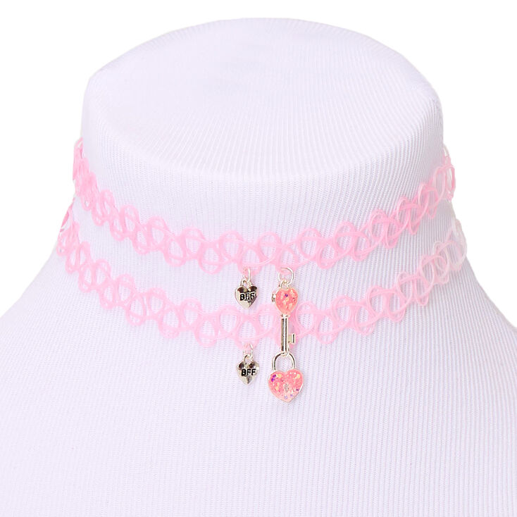 Best Friends Lock &amp; Key Tattoo Choker Necklaces - Pink, 2 Pack,