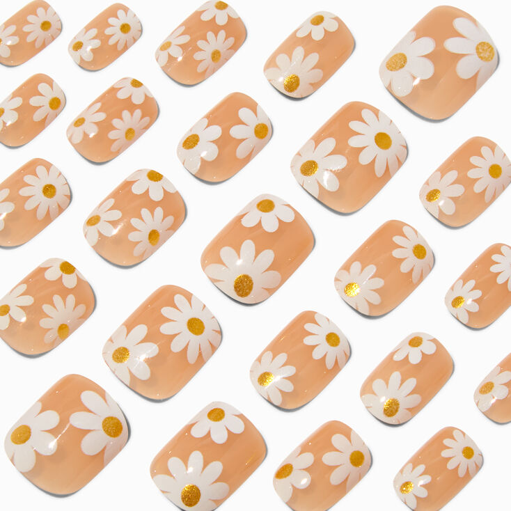 Glitter Daisy Short Square Vegan Faux Nail Set - 24 Pack,
