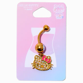 Hello Kitty&reg; 50th Anniversary Claire&#39;s Exclusive Gold-tone Stainless Steel Pink Crystal Charm 14G Belly Bar,