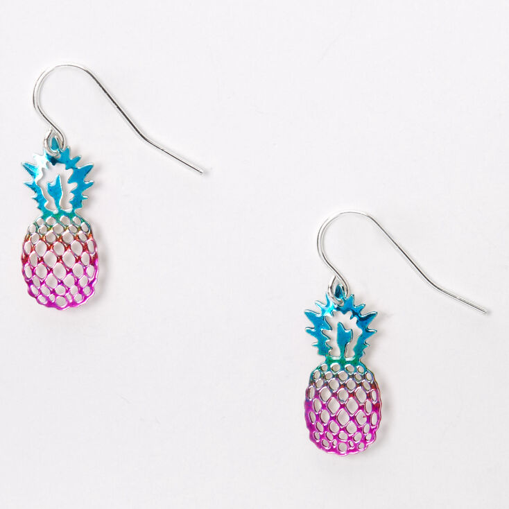 Silver 1&quot; Anodized Rainbow Pineapple Drop Earrings,